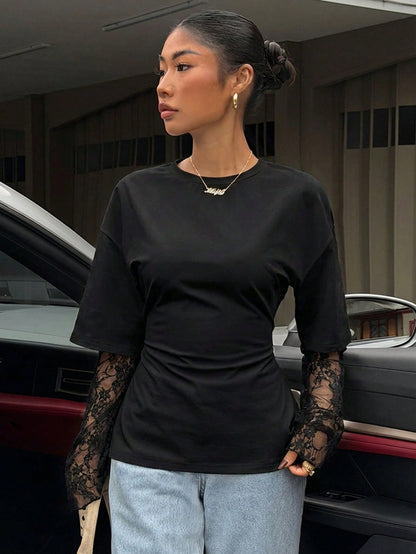 Muchica Women's Black Knit Lace Two-In-One T-Shirt With Waist Design, Suitable For Outings, Streetwear, Y2K Style, Black Lace Sleeve Top