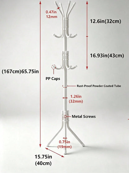 Multi-Purpose Freestanding Metal Tripod Coat Rack With 12 Hooks, 66in/167cm Tall Entryway Furniture Garment Storage Organizer, Space Saving Clothes Hat Bag Holder For Bedroom Apartment Dorm Office – B
