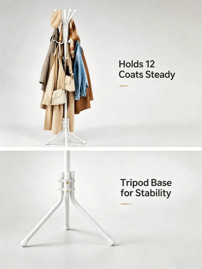 Multi-Purpose Freestanding Metal Tripod Coat Rack With 12 Hooks, 66in/167cm Tall Entryway Furniture Garment Storage Organizer, Space Saving Clothes Hat Bag Holder For Bedroom Apartment Dorm Office – B