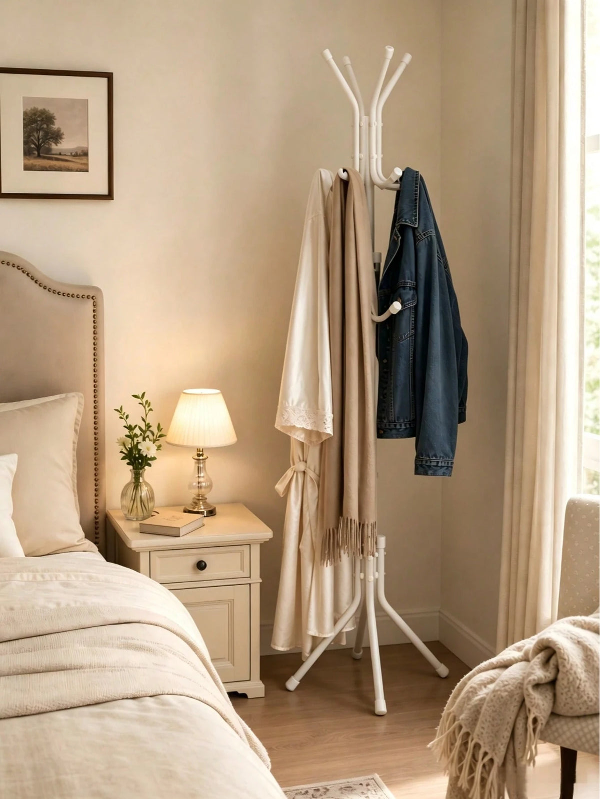 Multi-Purpose Freestanding Metal Tripod Coat Rack With 12 Hooks, 66in/167cm Tall Entryway Furniture Garment Storage Organizer, Space Saving Clothes Hat Bag Holder For Bedroom Apartment Dorm Office – B
