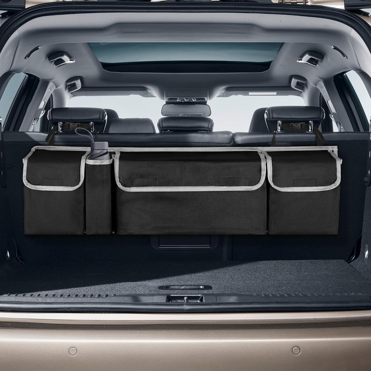 Multifunctional Black Car Trunk Storage Box- Foldable Design, Equipped With 4 Pockets, Suitable For Various Car Models And Providing The Best Trunk Storage Space!