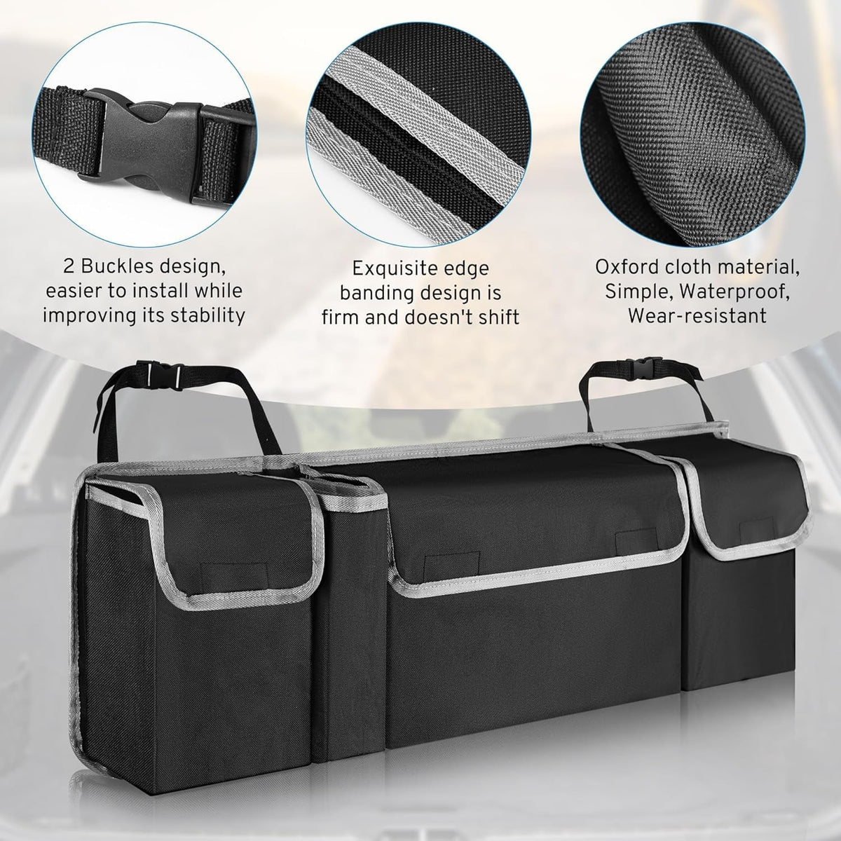 Multifunctional Black Car Trunk Storage Box- Foldable Design, Equipped With 4 Pockets, Suitable For Various Car Models And Providing The Best Trunk Storage Space!