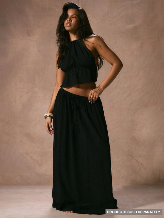 Musera Resort Low Rise Drawstring Waist Floaty Maxi Skirt Beach Cover Up Vacation Spring Summer Elegant Ibiza Fits Boho Black Holiday Graduation Prom