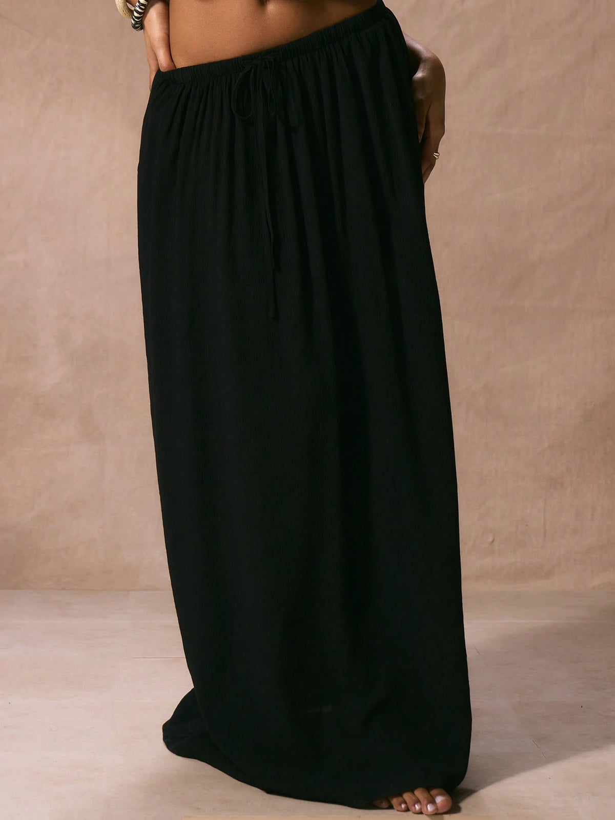 Musera Resort Low Rise Drawstring Waist Floaty Maxi Skirt Beach Cover Up Vacation Spring Summer Elegant Ibiza Fits Boho Black Holiday Graduation Prom