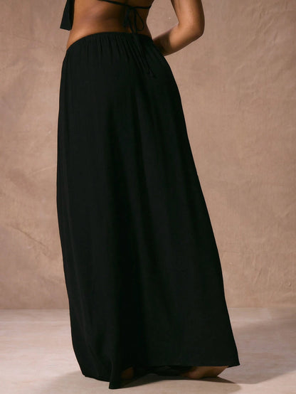 Musera Resort Low Rise Drawstring Waist Floaty Maxi Skirt Beach Cover Up Vacation Spring Summer Elegant Ibiza Fits Boho Black Holiday Graduation Prom