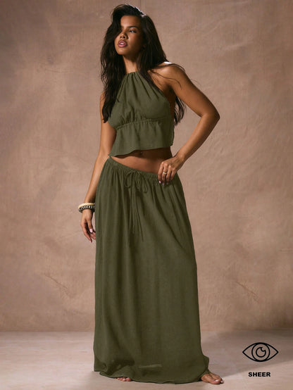 Musera Resort Low Rise Drawstring Waist Floaty Maxi Skirt Beach Cover Up Vacation Spring Summer Elegant Ibiza Fits Boho Black Holiday Graduation Prom