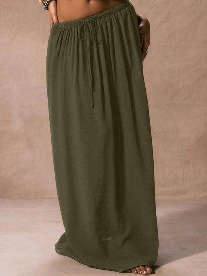 Musera Resort Low Rise Drawstring Waist Floaty Maxi Skirt Beach Cover Up Vacation Spring Summer Elegant Ibiza Fits Boho Black Holiday Graduation Prom