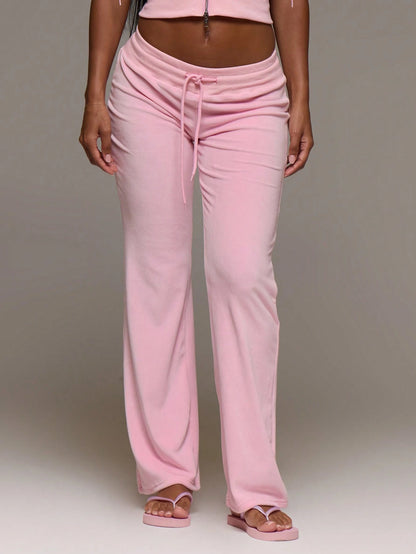 MUSERA Velour Elasticated Low Drawstring Waist Straight Leg Trouser Coord Bottoms Only Cute Everyday Daily Lounge Airport Holidays Vacation Summer Altitude