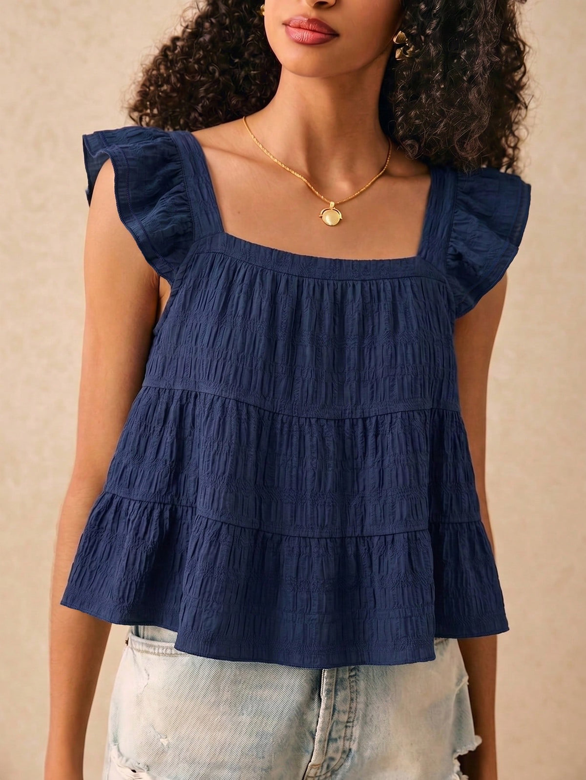Muvela Women's Casual Multi-Layered Ruffle Loose Fit Blouse With Flutter Sleeves, Suitable For Vacation Outfits,Summer Top Elegant