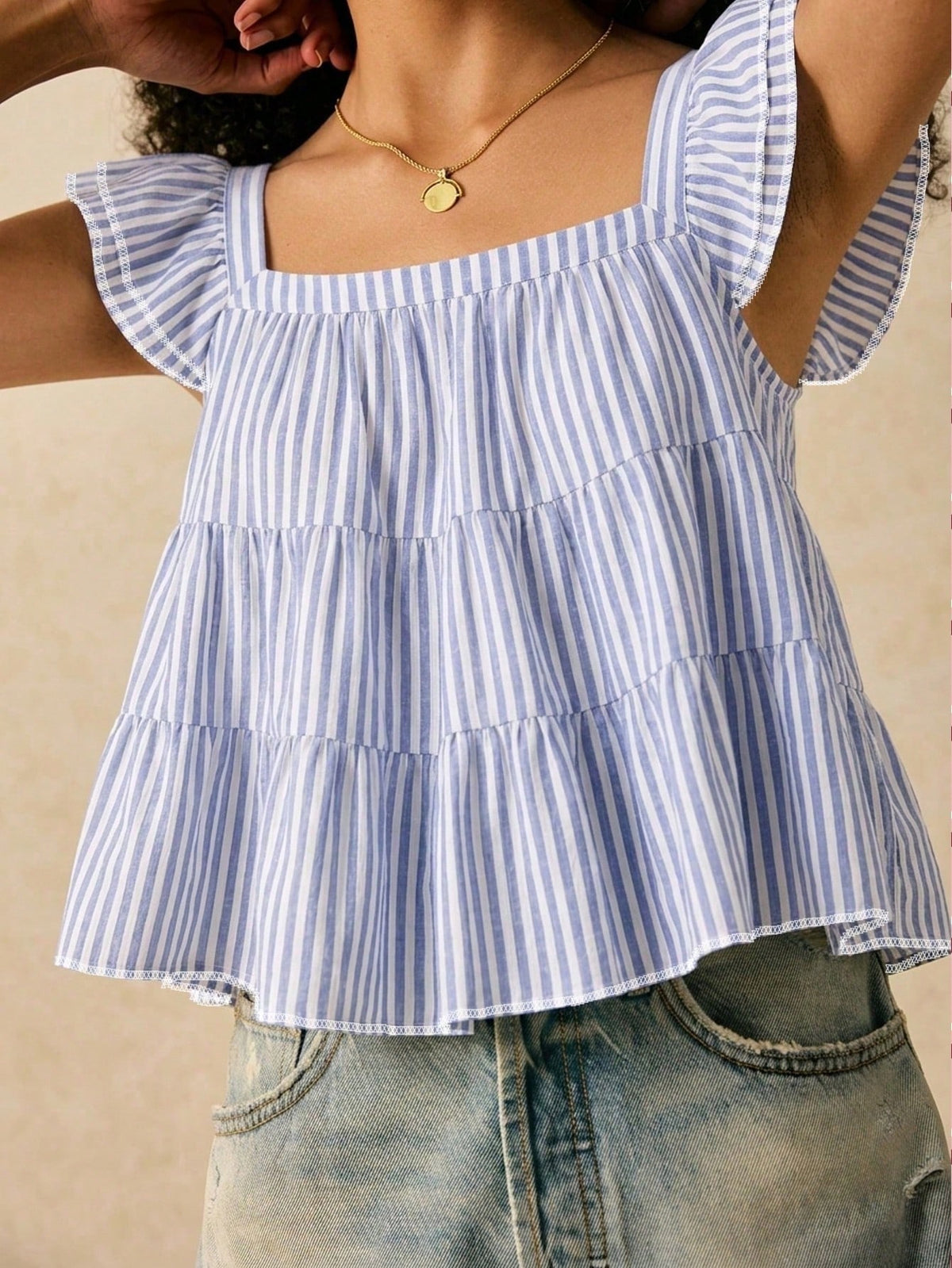 Muvela Women's Casual Multi-Layered Ruffle Loose Fit Blouse With Flutter Sleeves, Suitable For Vacation Outfits,Summer Top Elegant