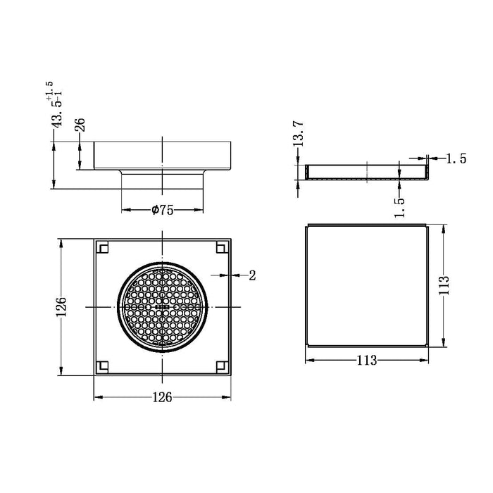 Nero 130mm Square Tile Insert Floor Waste 80mm Outlet Brushed Bronze NRFW007BZ Shower Grate Nero