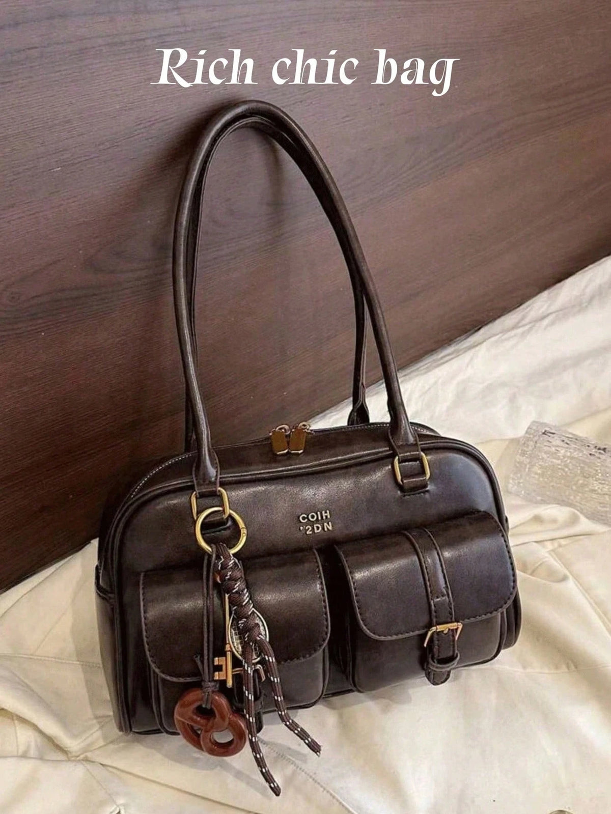 New Bread Knot Pendant Multi-Pocket Pillow Bag,Letter Pattern Decoration Design,Fashionable Coffee Brown Underarm BagShoulder Bag, Y2K Aesthetic