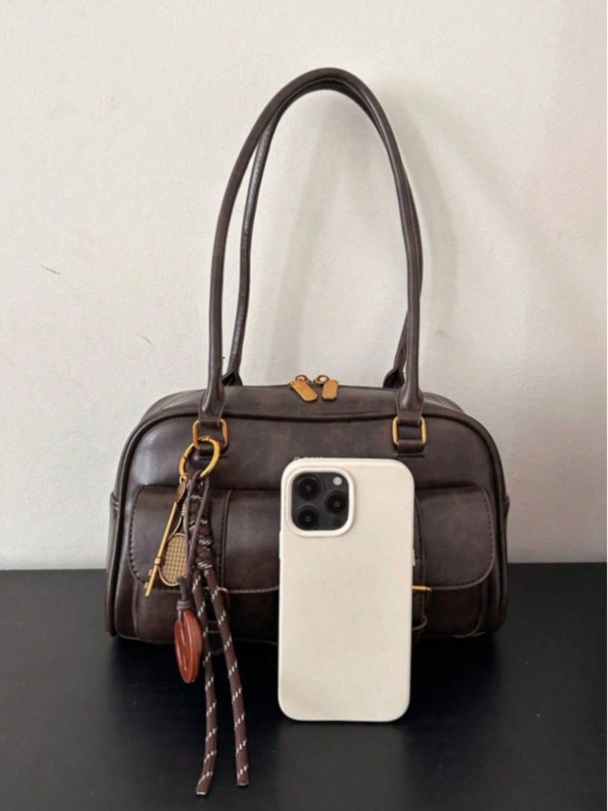 New Bread Knot Pendant Multi-Pocket Pillow Bag,Letter Pattern Decoration Design,Fashionable Coffee Brown Underarm BagShoulder Bag, Y2K Aesthetic
