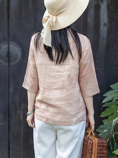 New Chinese Style Ombre Floral Pattern Loose Summer Shirt, Front Button, Lightweight & Breathable Pink