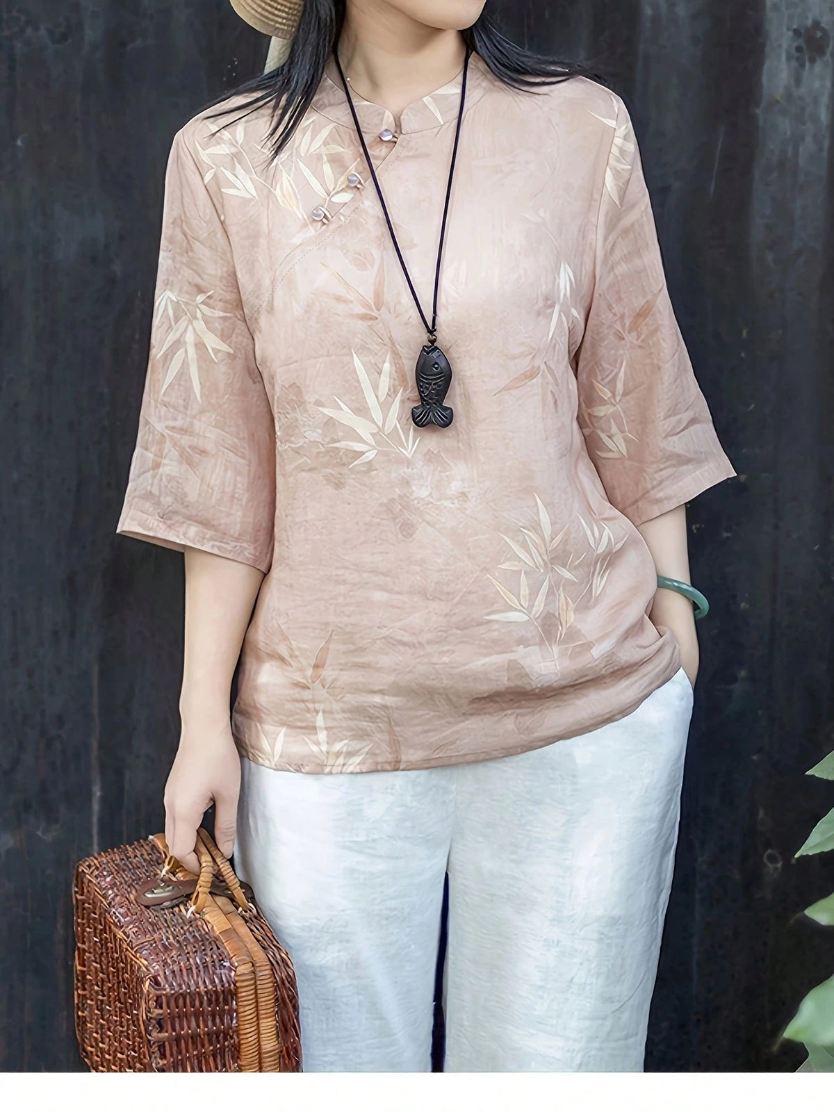 New Chinese Style Ombre Floral Pattern Loose Summer Shirt, Front Button, Lightweight & Breathable Pink