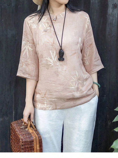 New Chinese Style Ombre Floral Pattern Loose Summer Shirt, Front Button, Lightweight & Breathable Pink