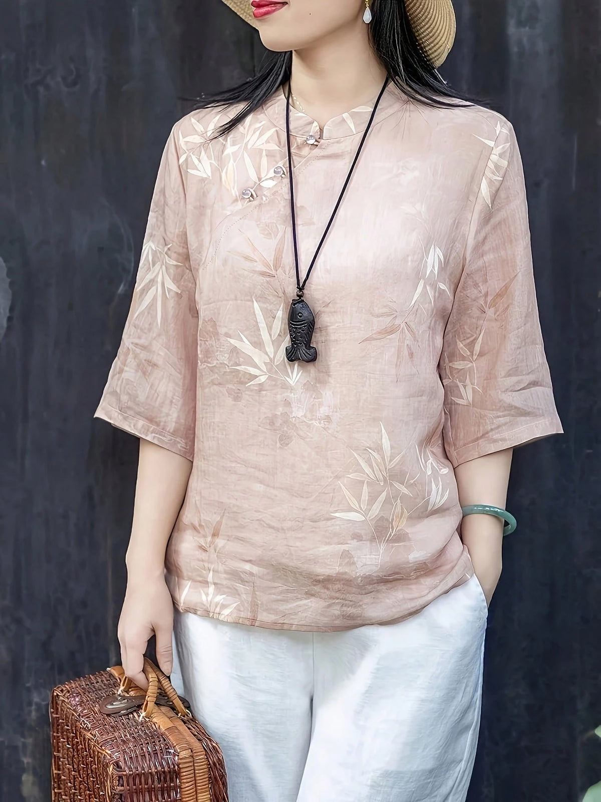 New Chinese Style Ombre Floral Pattern Loose Summer Shirt, Front Button, Lightweight & Breathable Pink