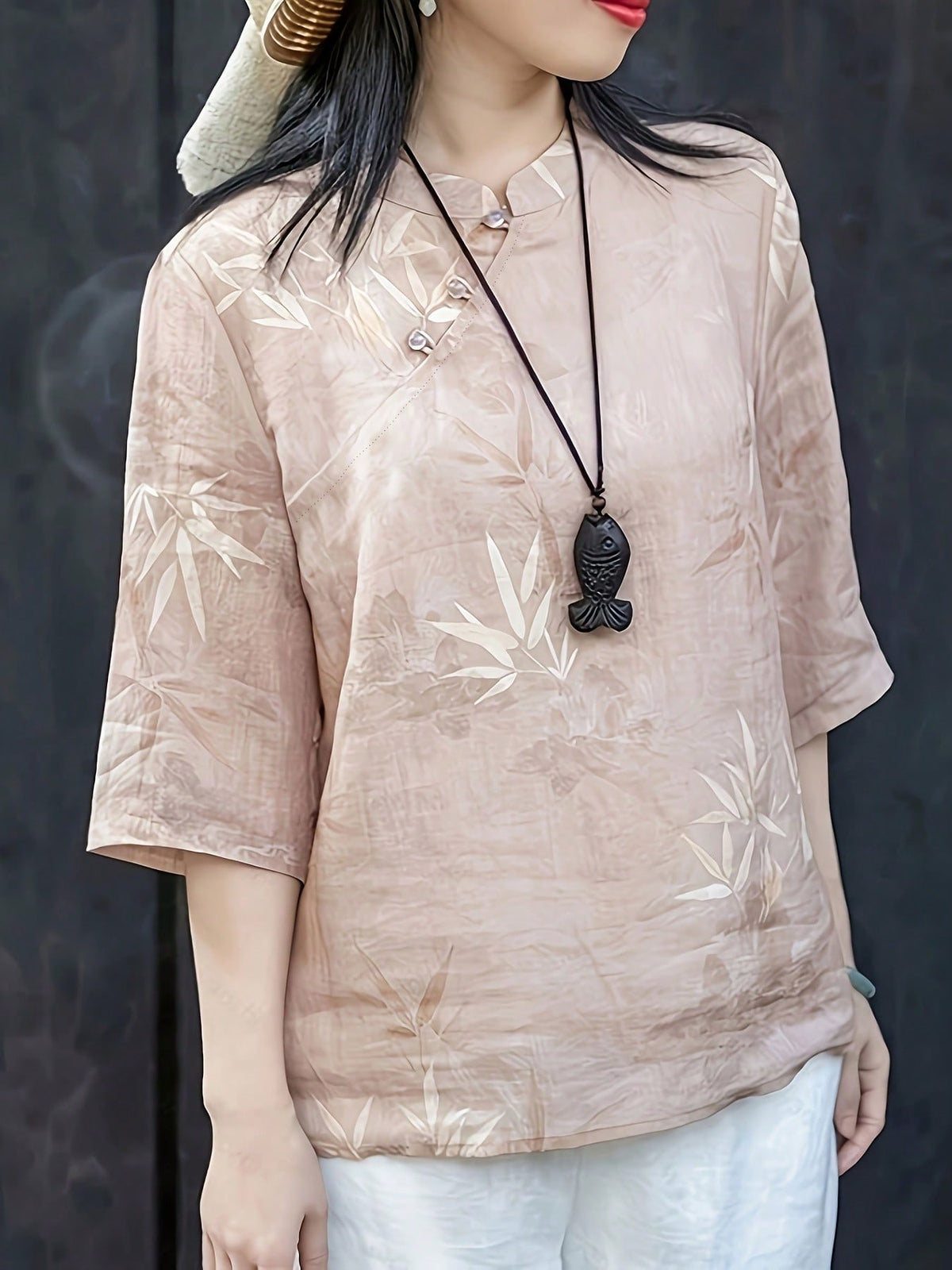 New Chinese Style Ombre Floral Pattern Loose Summer Shirt, Front Button, Lightweight & Breathable Pink