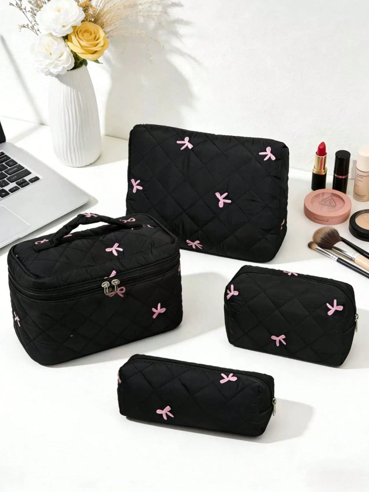 New Embroidered Bowknot Series Makeup Bag, Highly Attractive Fresh Minimalist Versatile, Quilted Grid Embroidered Bowknot Pattern Women's Cosmetic Tool Storage Bag, Daily Necessities Storage Bag, Stud