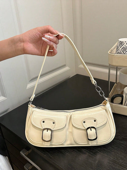 New Fashion Double Pocket Decor Tote Shoulder Bag, Suitable For Parties, Outings, Vacations, Shopping And Daily Use, Can Hold Coins, Phones, Also Suitable As Work Bag For Office Ladies, College Studen