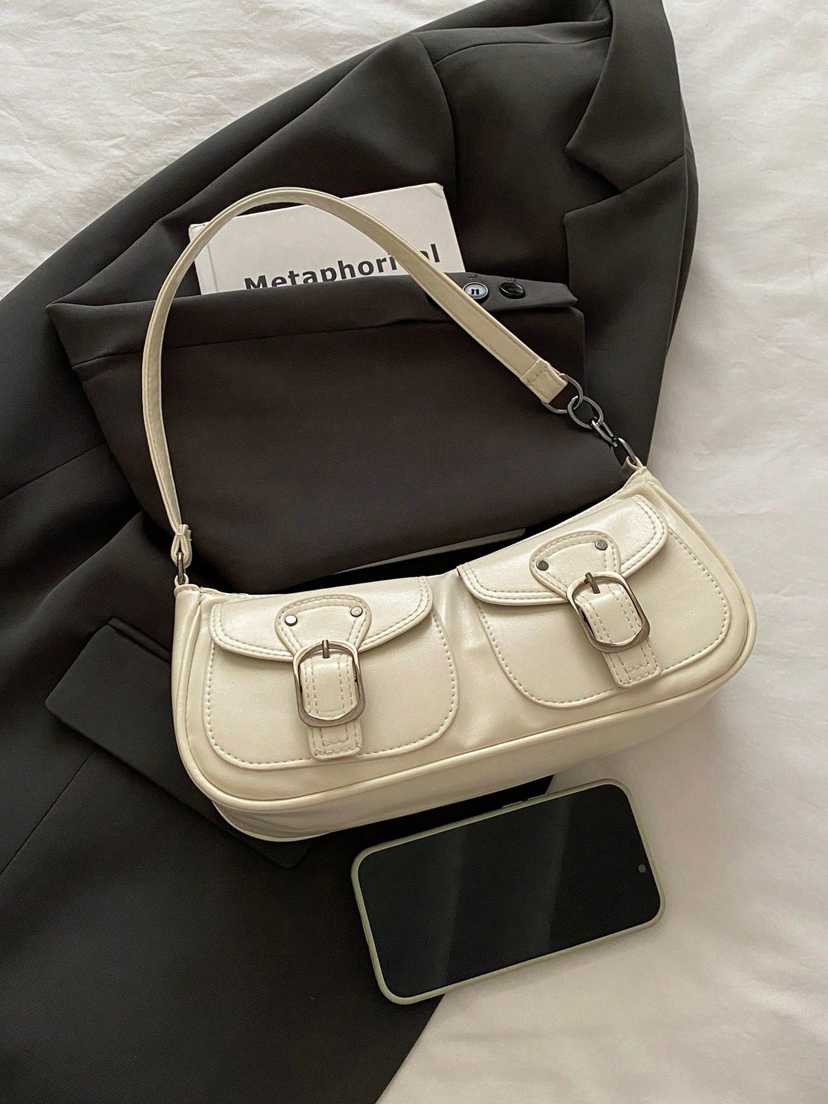 New Fashion Double Pocket Decor Tote Shoulder Bag, Suitable For Parties, Outings, Vacations, Shopping And Daily Use, Can Hold Coins, Phones, Also Suitable As Work Bag For Office Ladies, College Studen