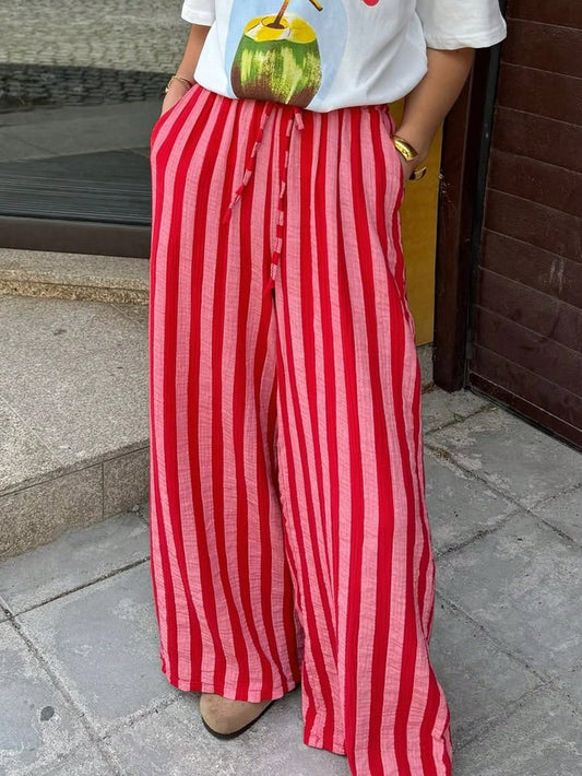 New Fashionable Elegant Tie-Up Striped Loose Casual Pants, Suitable For Holidays, Daily Wear, Birthday Parties, Dates Spring, Aesthetic
