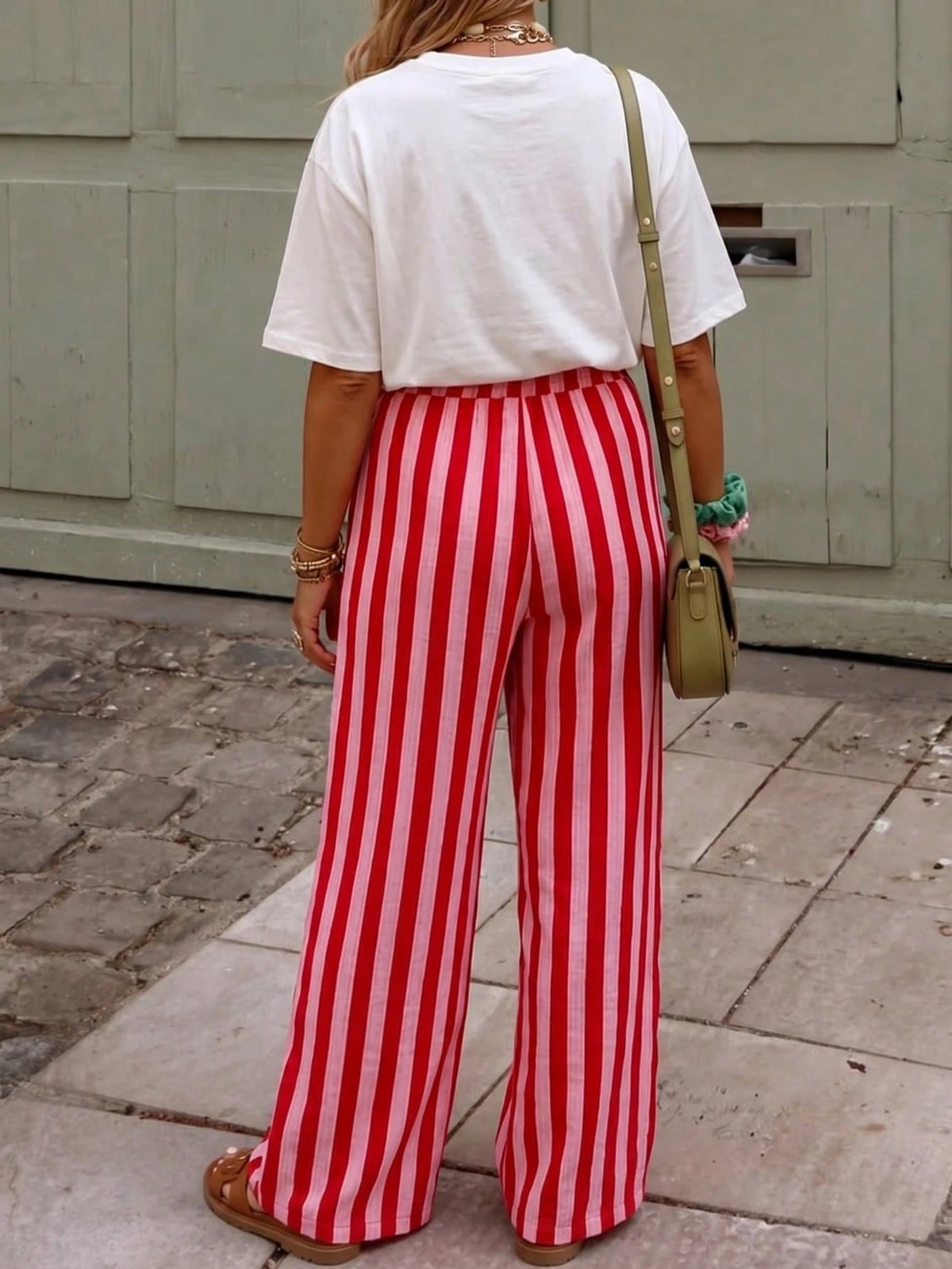 New Fashionable Elegant Tie-Up Striped Loose Casual Pants, Suitable For Holidays, Daily Wear, Birthday Parties, Dates Spring, Aesthetic