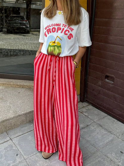 New Fashionable Elegant Tie-Up Striped Loose Casual Pants, Suitable For Holidays, Daily Wear, Birthday Parties, Dates Spring, Aesthetic