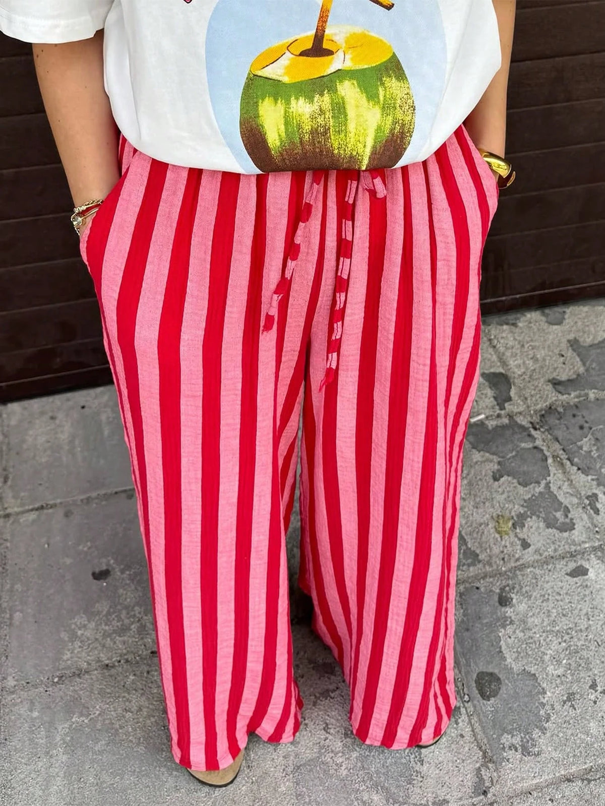 New Fashionable Elegant Tie-Up Striped Loose Casual Pants, Suitable For Holidays, Daily Wear, Birthday Parties, Dates Spring, Aesthetic