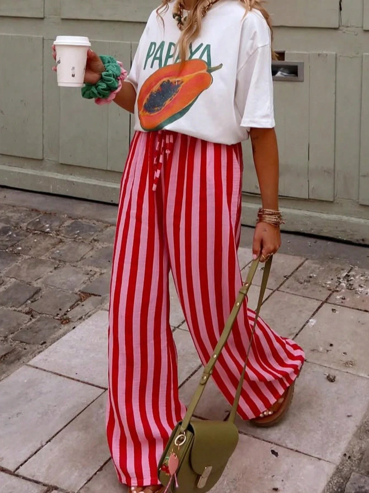 New Fashionable Elegant Tie-Up Striped Loose Casual Pants, Suitable For Holidays, Daily Wear, Birthday Parties, Dates Spring, Aesthetic