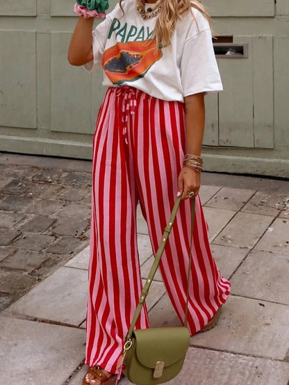 New Fashionable Elegant Tie-Up Striped Loose Casual Pants, Suitable For Holidays, Daily Wear, Birthday Parties, Dates Spring, Aesthetic