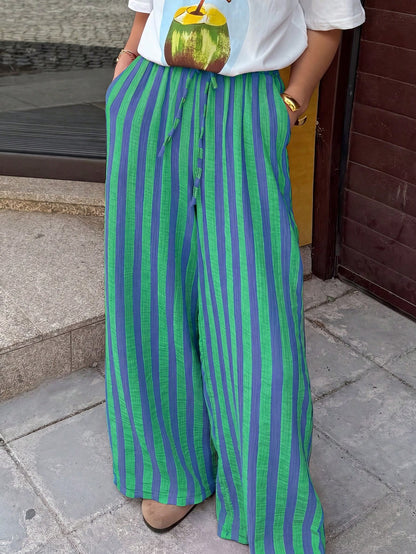 New Fashionable Elegant Tie-Up Striped Loose Casual Pants, Suitable For Holidays, Daily Wear, Birthday Parties, Dates Spring, Aesthetic