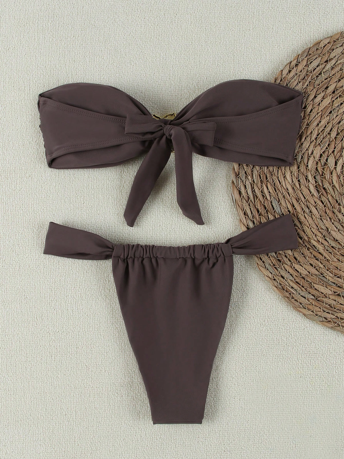 New Pure White Bandeau Bikini Set, Elegant Sexy Swimwear Suitable For Beach Vacation, Party And Date Summer Brown