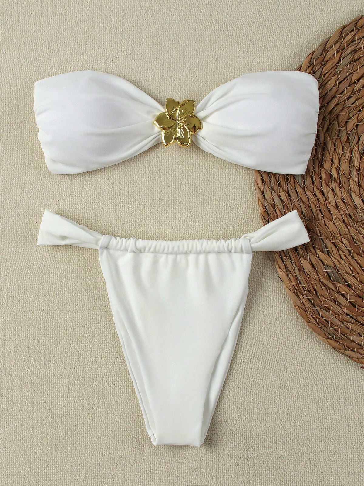 New Pure White Bandeau Bikini Set, Elegant Sexy Swimwear Suitable For Beach Vacation, Party And Date Summer Brown