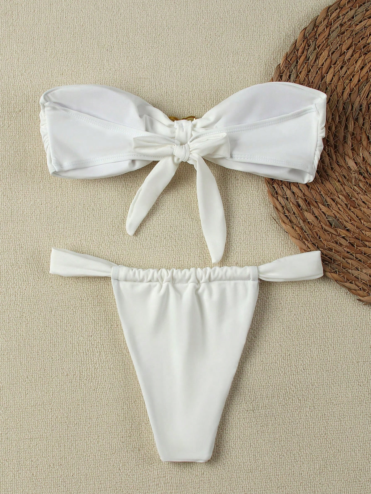 New Pure White Bandeau Bikini Set, Elegant Sexy Swimwear Suitable For Beach Vacation, Party And Date Summer Brown
