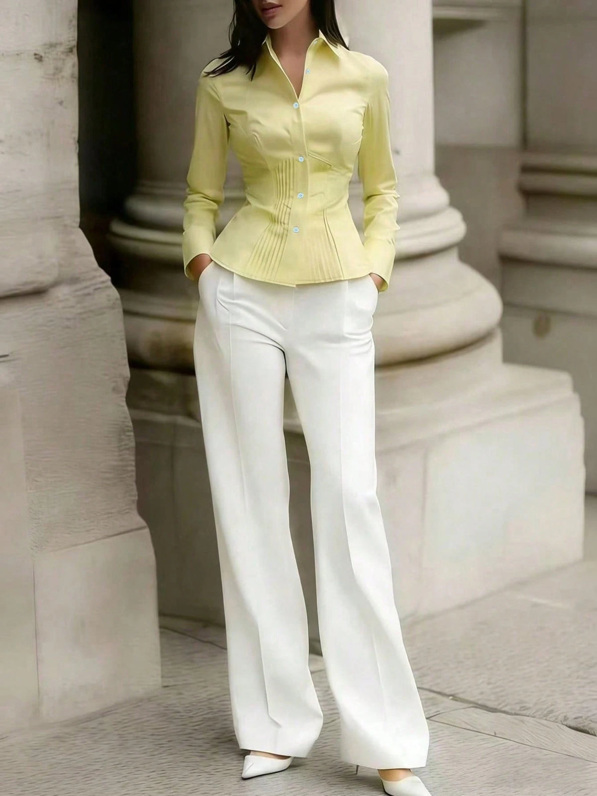 New Spring/Autumn Women's Elegant Blouse, Fashionable Yellow Long Sleeve Button-Up Shirt With Ruffle Design, High-End Sophisticated Style, Professional Minimalist Look, Suitable For Casual Dates