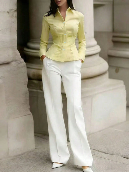 New Spring/Autumn Women's Elegant Blouse, Fashionable Yellow Long Sleeve Button-Up Shirt With Ruffle Design, High-End Sophisticated Style, Professional Minimalist Look, Suitable For Casual Dates