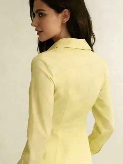 New Spring/Autumn Women's Elegant Blouse, Fashionable Yellow Long Sleeve Button-Up Shirt With Ruffle Design, High-End Sophisticated Style, Professional Minimalist Look, Suitable For Casual Dates