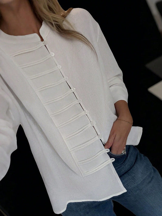 New Stylish & Elegant Elegant Solid Color Front Button Casual Shirt, Suitable For Holiday, Daily, Travel, Festival, Tea Party White Spring