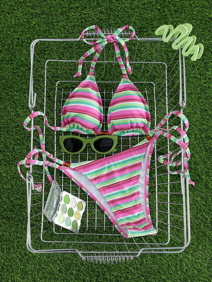 New Stylish European & American Women's Fresh Color Block Striped Halter Tie Bikini Set, Triangle Top And Bottom Vacation Beach Summer