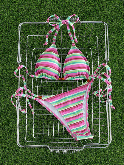 New Stylish European & American Women's Fresh Color Block Striped Halter Tie Bikini Set, Triangle Top And Bottom Vacation Beach Summer