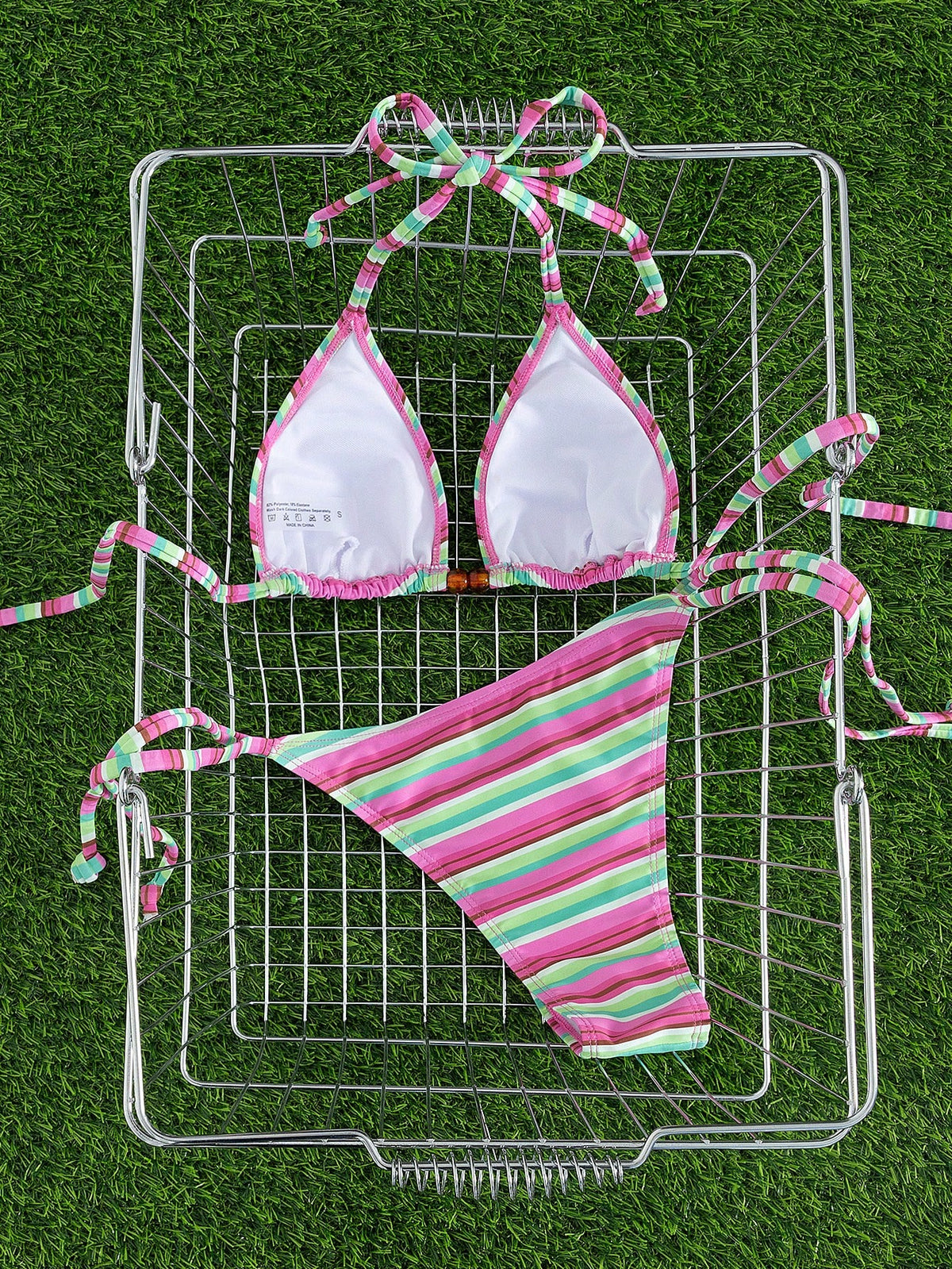 New Stylish European & American Women's Fresh Color Block Striped Halter Tie Bikini Set, Triangle Top And Bottom Vacation Beach Summer