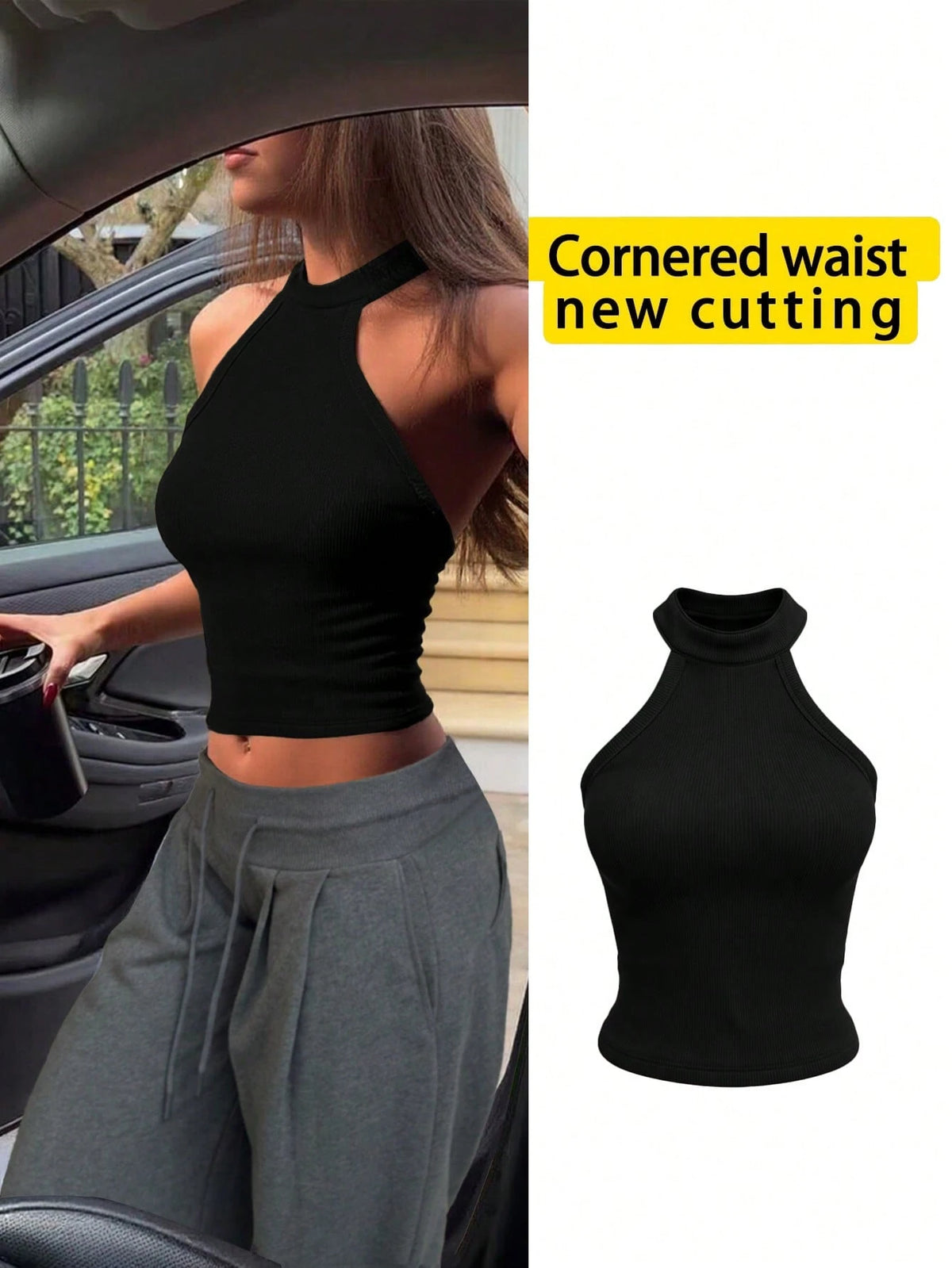 New Women's Halter Backless Fitted All-Match Versatile Cropped Top Casual Black Summer
