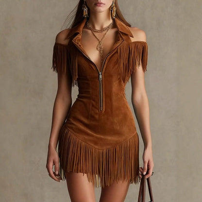 New Y2K American Retro Suede Tassel Off Shoulder Dress Western Style Slim Waist Mini Dress For Women Versatile For Daily Wear,Festive Occasions,And Social Gatherings,An Excellent Gift Choice For Partn
