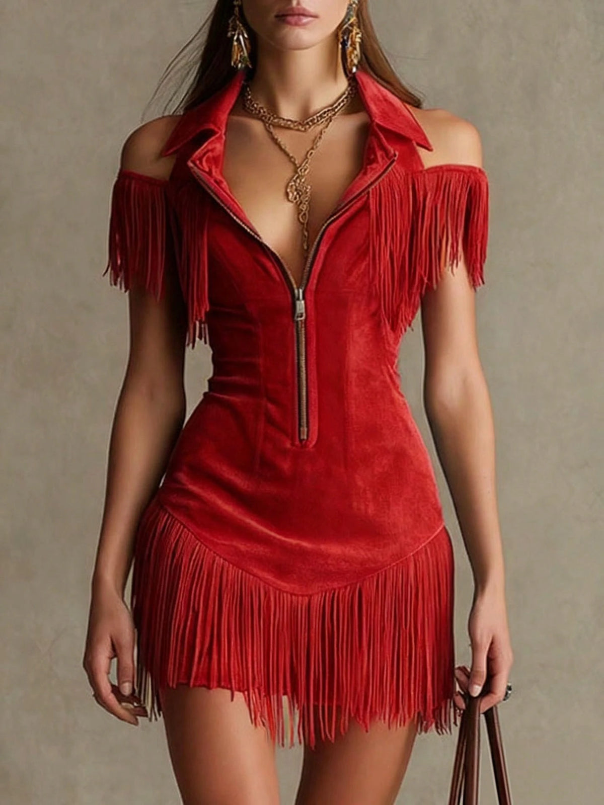 New Y2K American Retro Suede Tassel Off Shoulder Dress Western Style Slim Waist Mini Dress For Women Versatile For Daily Wear,Festive Occasions,And Social Gatherings,An Excellent Gift Choice For Partn