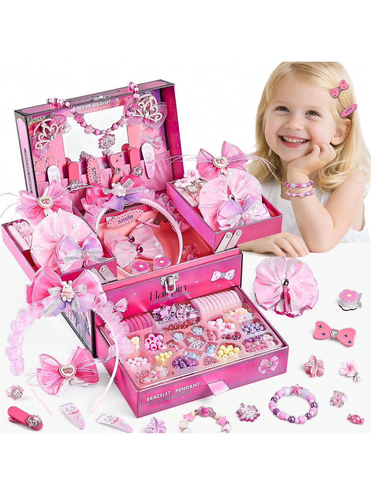 NewBandMo Hair Accessories For Girls,Headband Set For Kids Ages 5-12,Charm Bracelet Making Kit 8-12,Craft Kits For Teen Girl,Christmas Birthday Gifts For Kids 8 9 10 11 12 Year Old Girl (Pink)