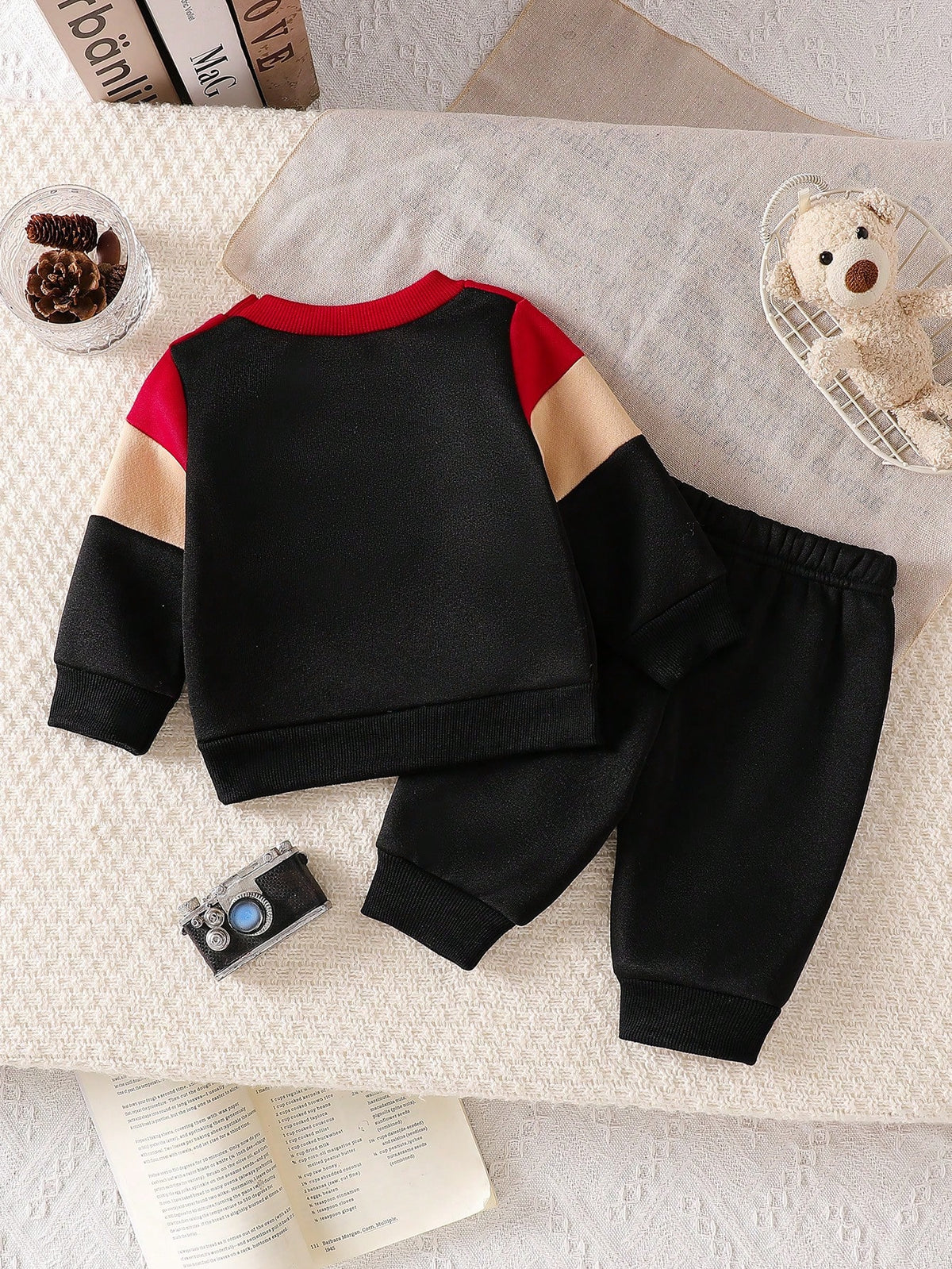 Newborn Baby Boy Cute Patchwork Top And Pants Set, Casual Cute Kawaii Baby Boy Outfit Baby Boy Fashion Holiday Vacation Black Winter