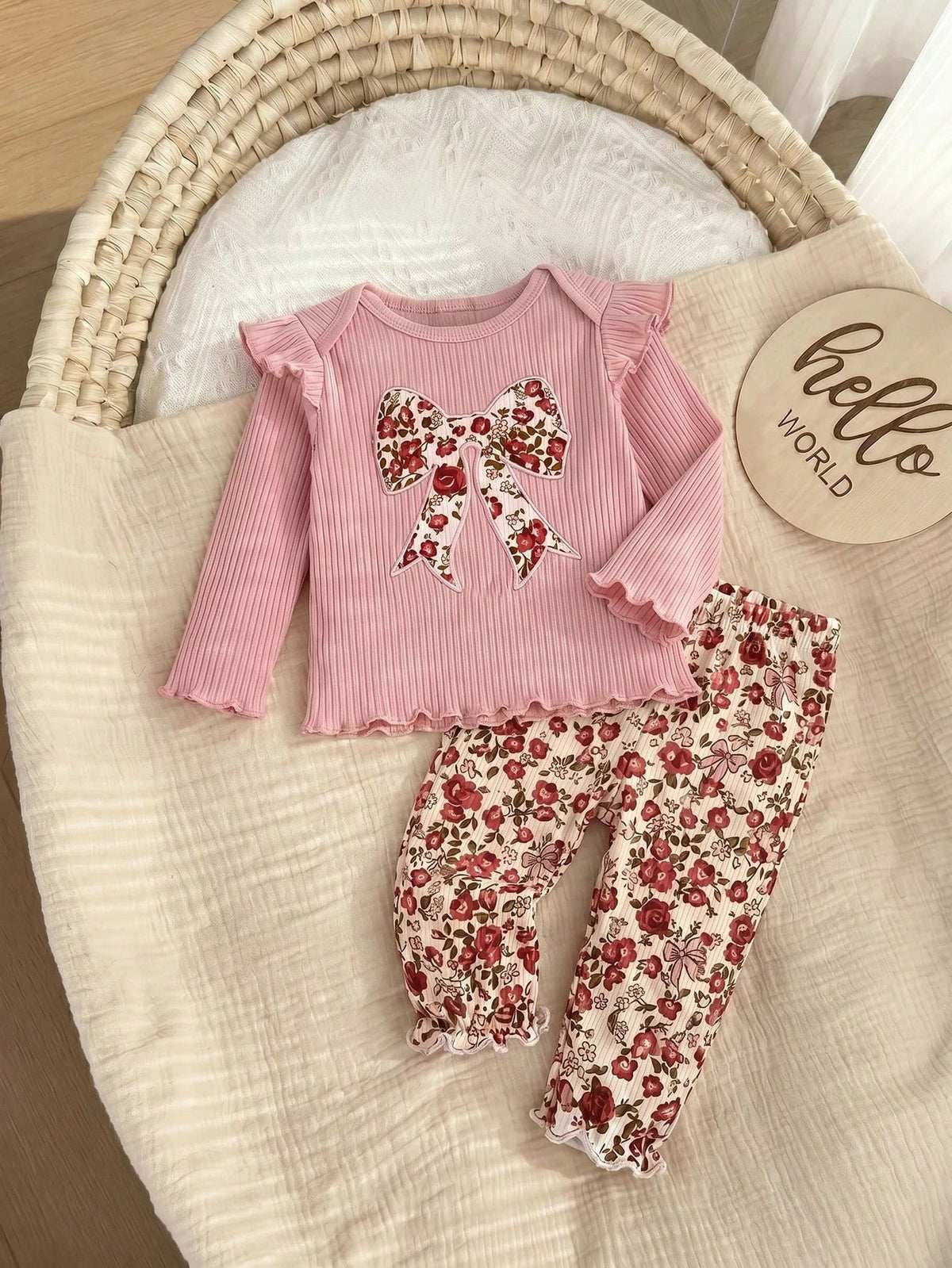 Newborn Baby Girl Cute Casual Knit Pink Long Sleeve Top Elastic Waist Ditsy Floral Pants Set Loungewear