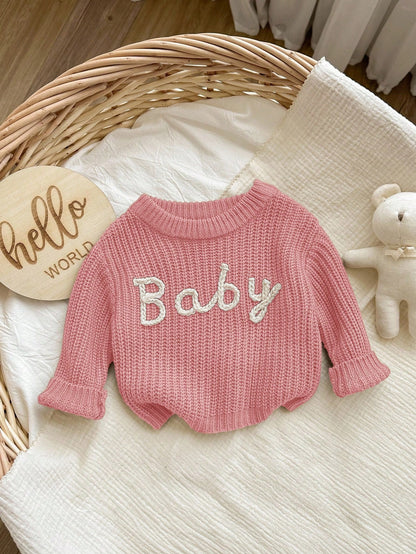 Newborn Baby Girl Letter Pattern Long Sleeve Sweater,Cute Light Pink Autumn Knit Winter Top,Versatile Knitwear Jumper Fall Clothes