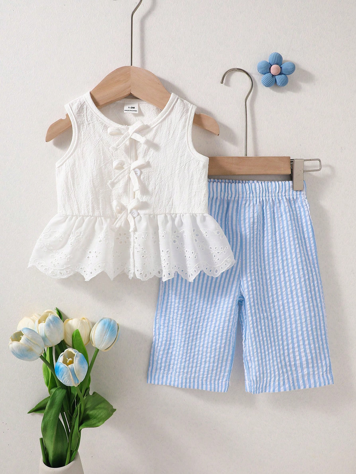 Newborn Baby Girl Outfit Blue And White Stripe Summer Cute Baby Shower Sleeveless Top With Lace